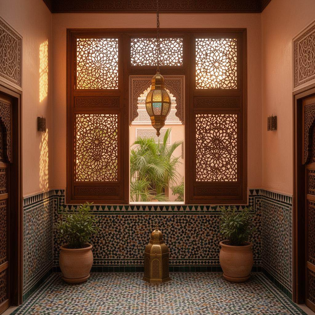 Patio d'un riad marocain, lumière naturelle et zellige